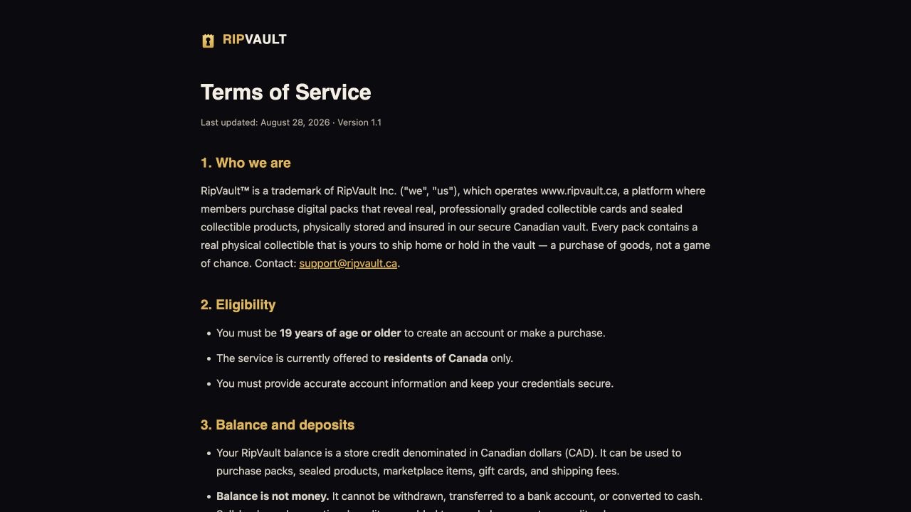 RipVault published legal terms explaining credit sell-back and account eligibility