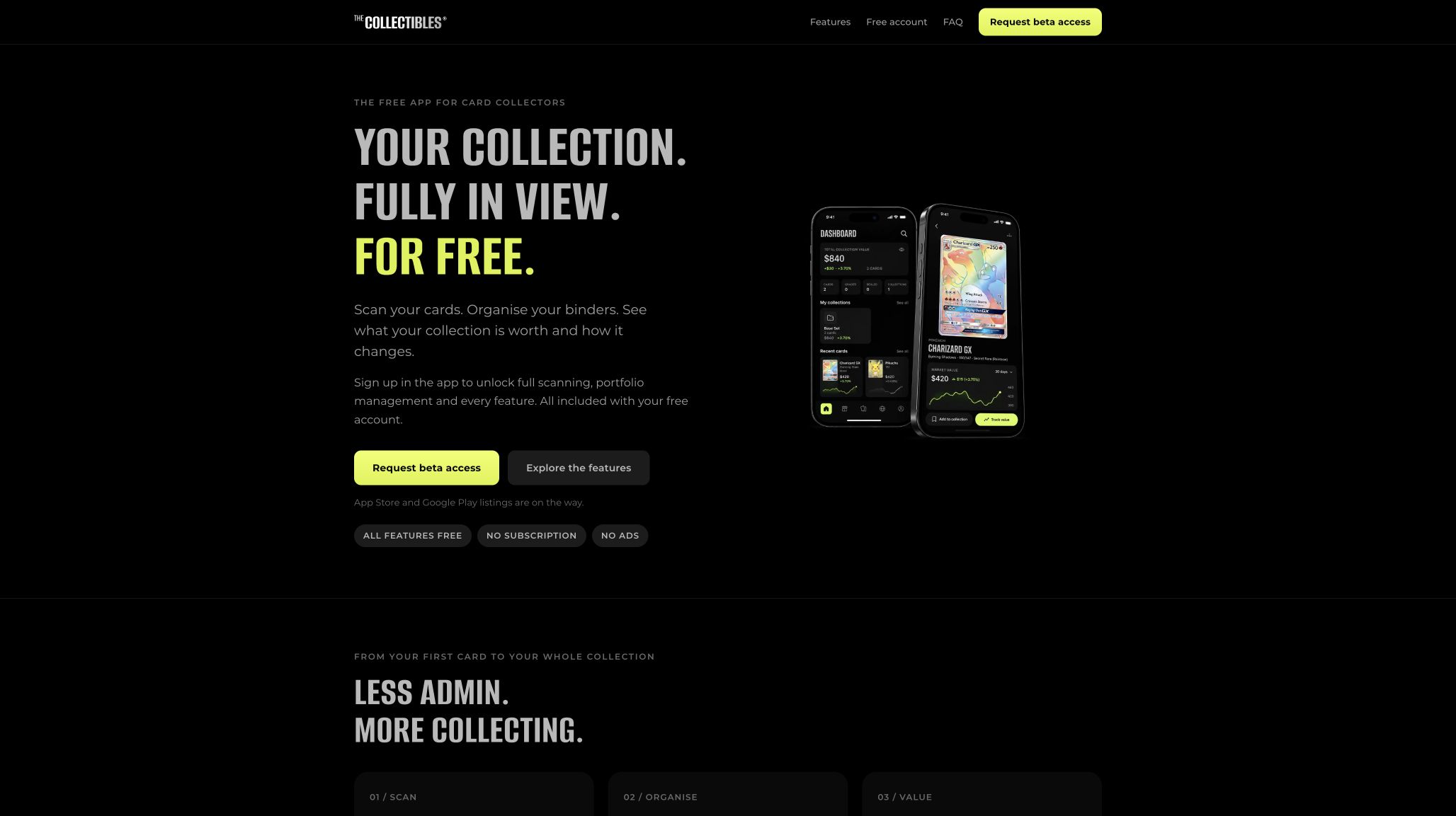TheCollectibles collection-app website showing its free scanning and portfolio management introduction