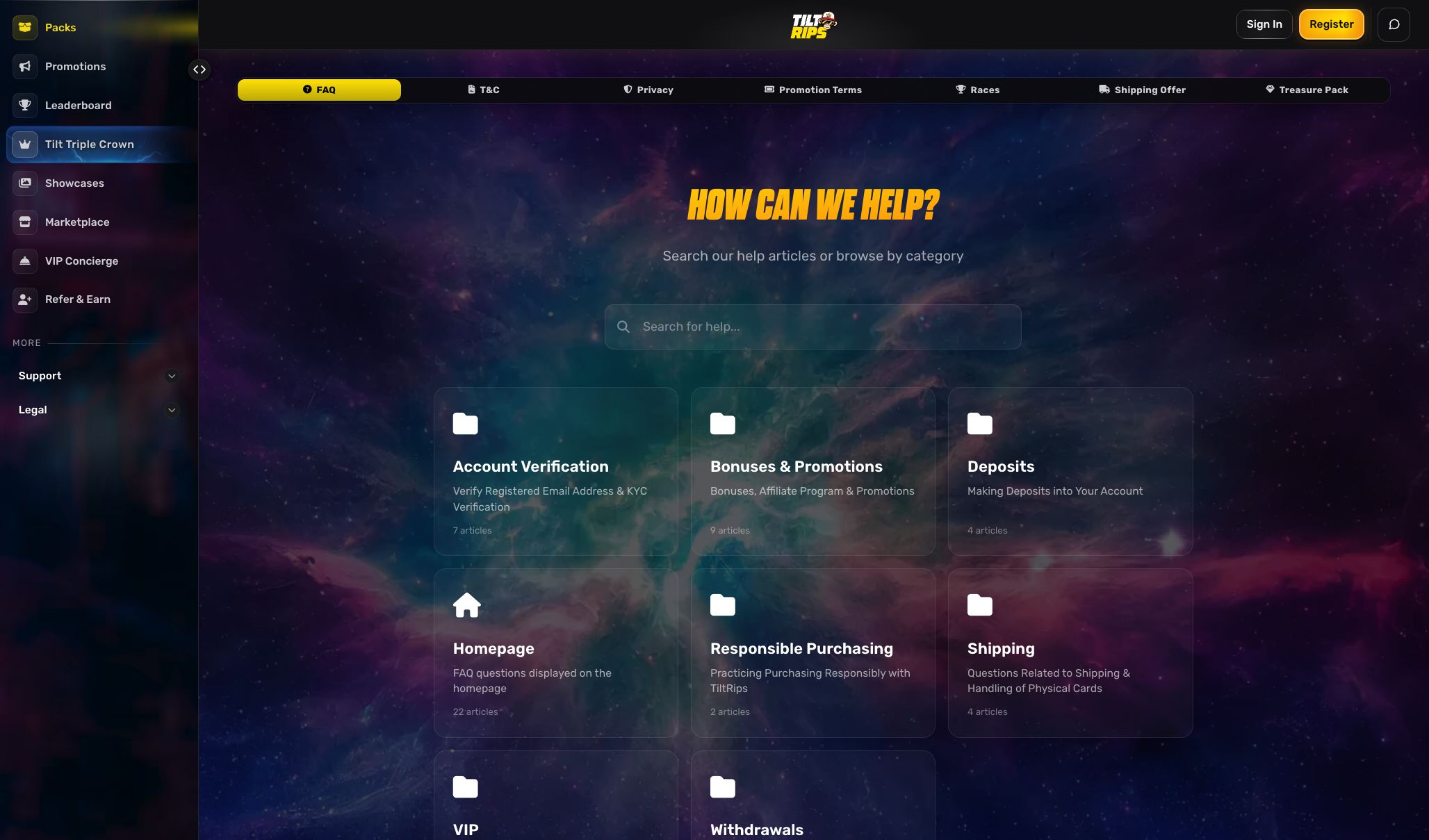 Tilt Rips official help center showing account, shipping and withdrawal topics