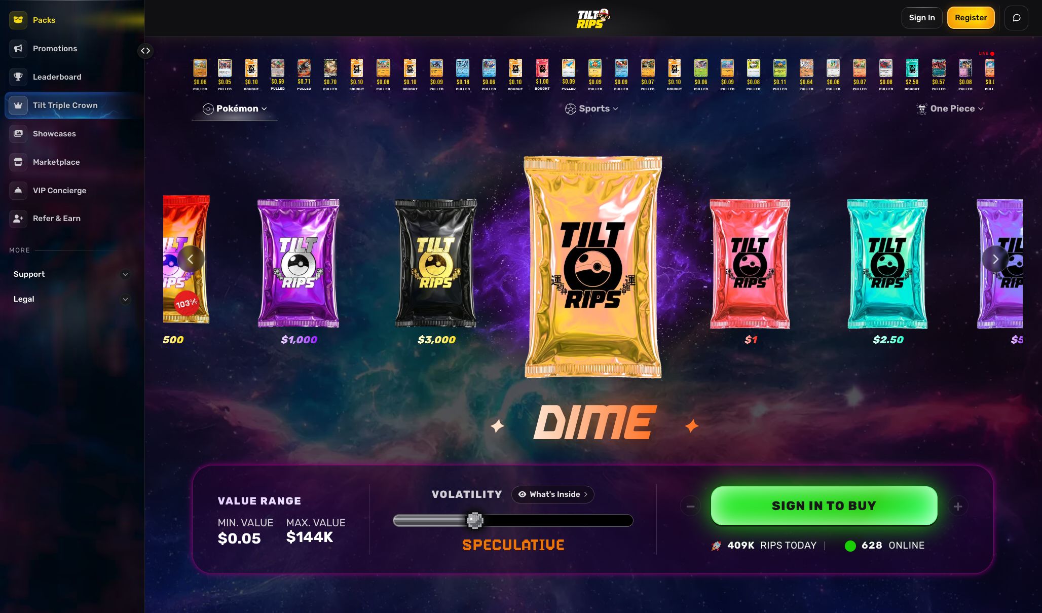 Tilt Rips: tilt rips pokémon pack carousel with its dime tier selected, captured September 14, 2026
