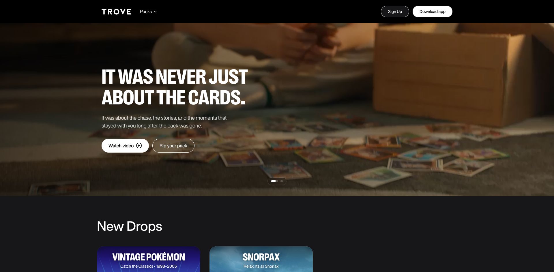 Trove homepage showing the card collecting hero, pack navigation and New Drops section