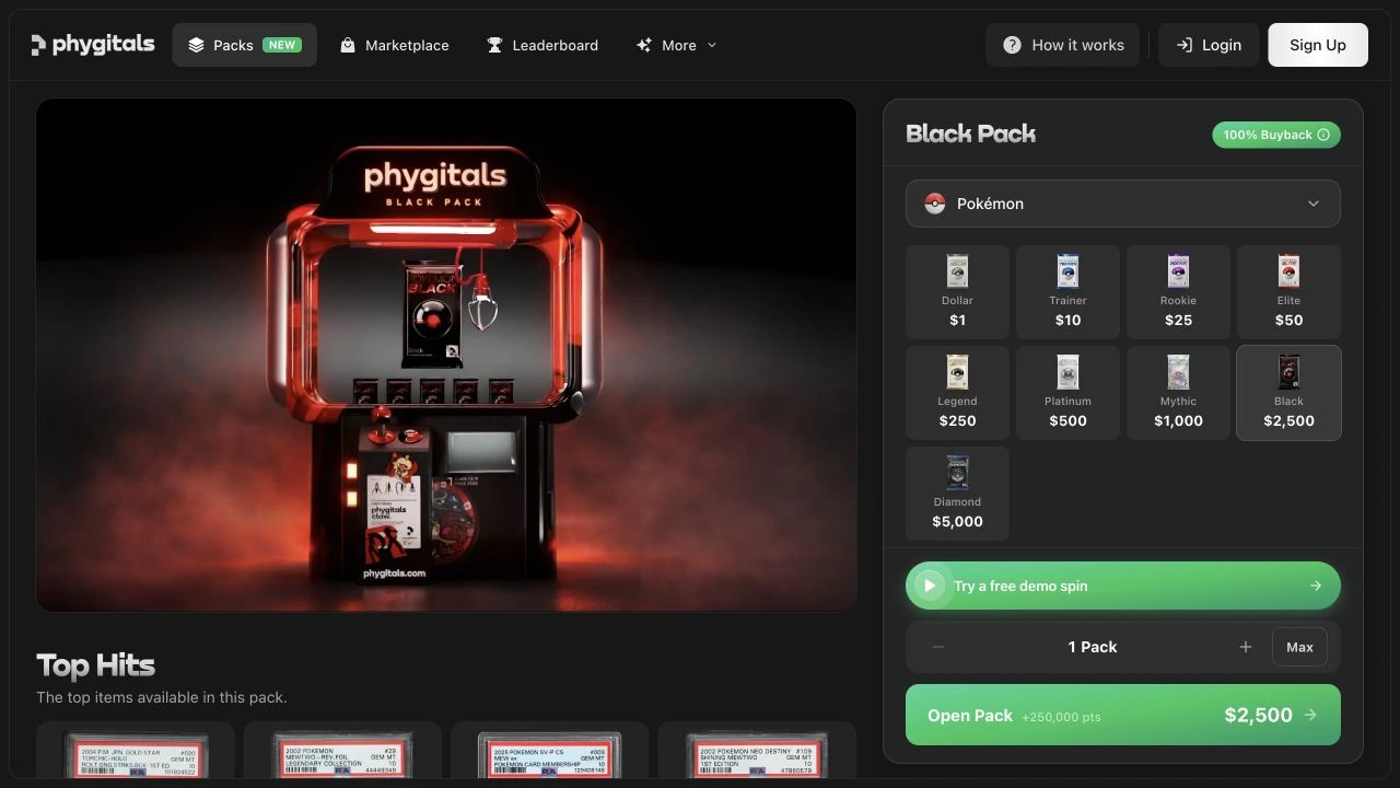Phygitals Pokémon Black Pack public page: pack presentation, displayed price and buyback offer, captured September 14, 2026.