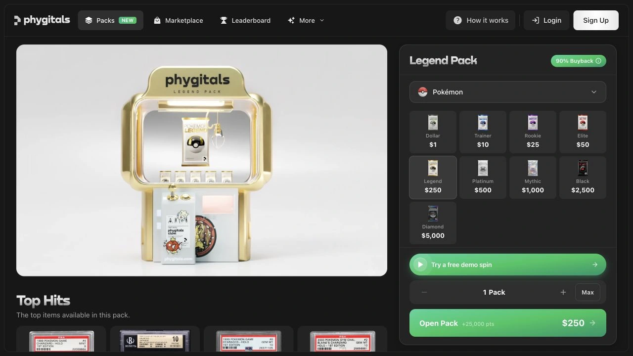 Phygitals Pokémon Legend Pack public page: pack presentation, displayed price and buyback offer, captured September 14, 2026.