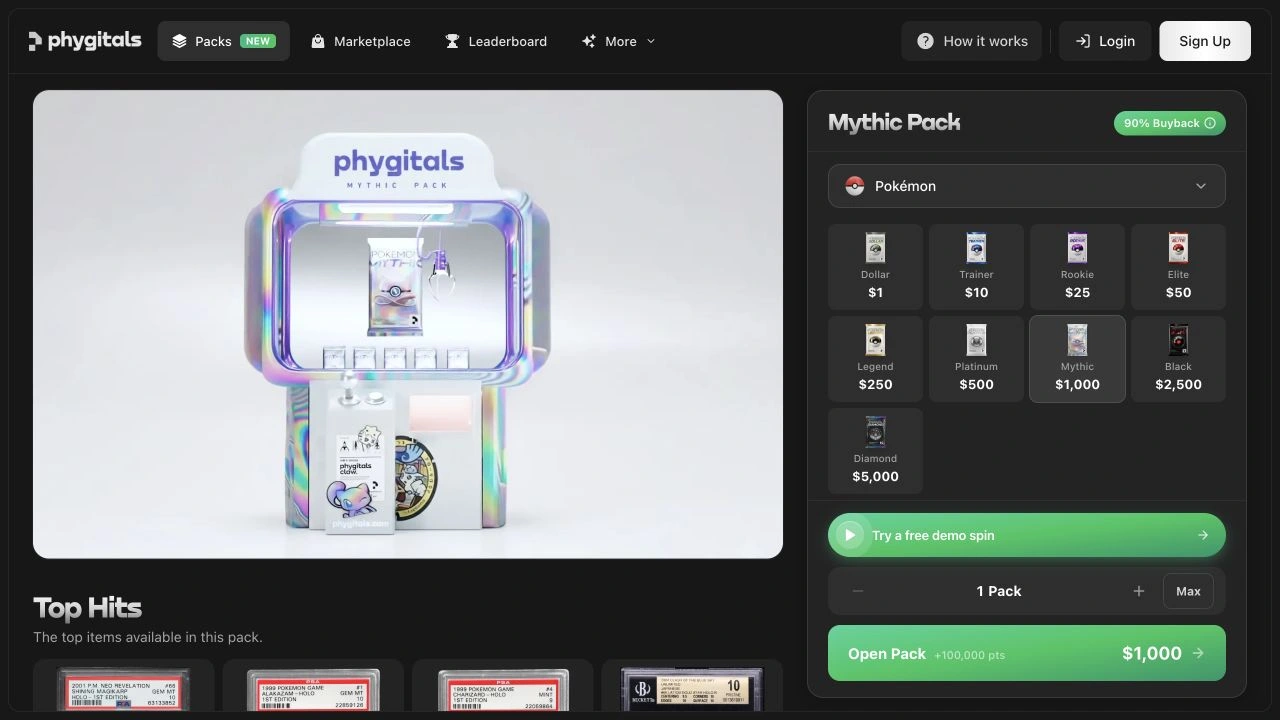 Phygitals Pokémon Mythic Pack public page: pack presentation, displayed price and buyback offer, captured September 14, 2026.