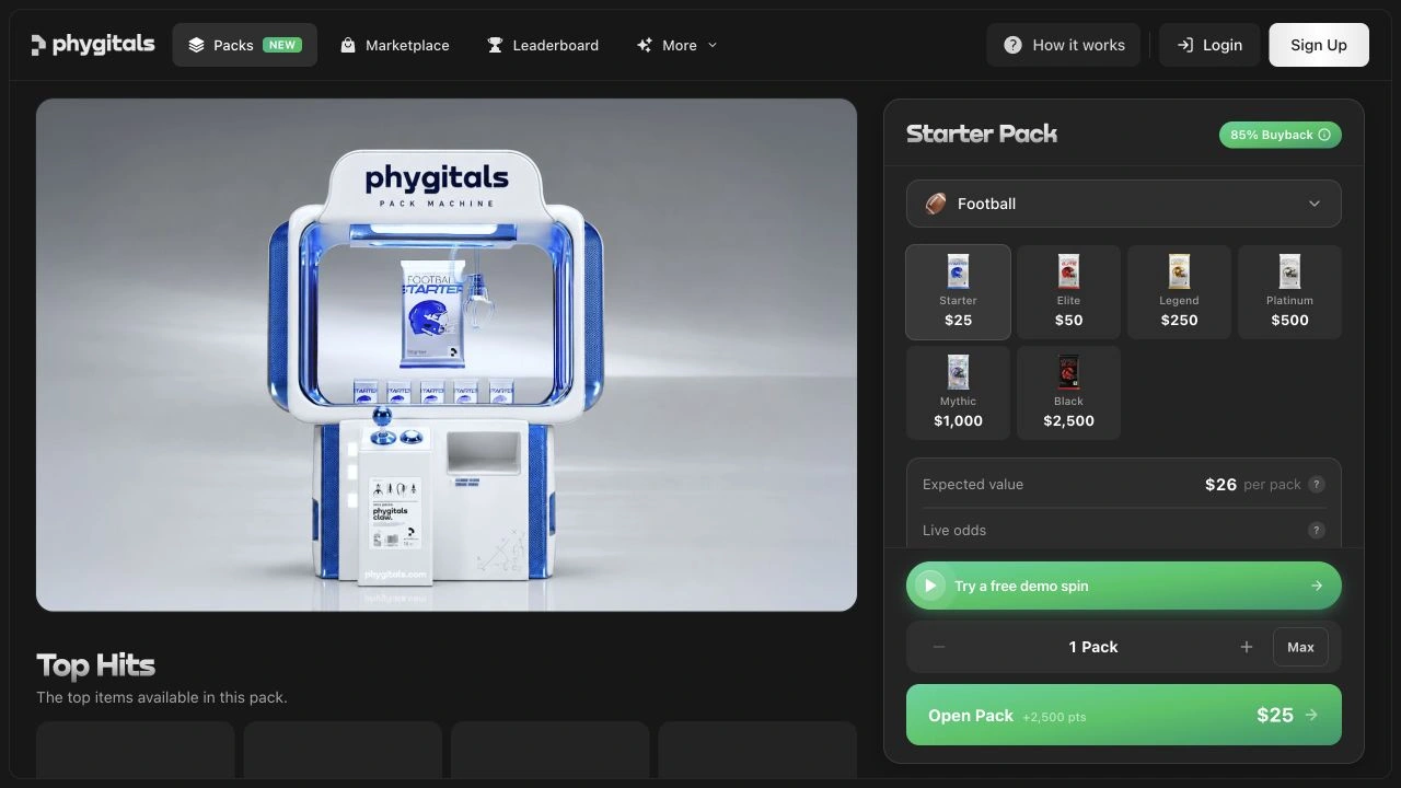 Phygitals Football Starter Pack public page: pack presentation, displayed price and buyback offer, captured September 14, 2026.